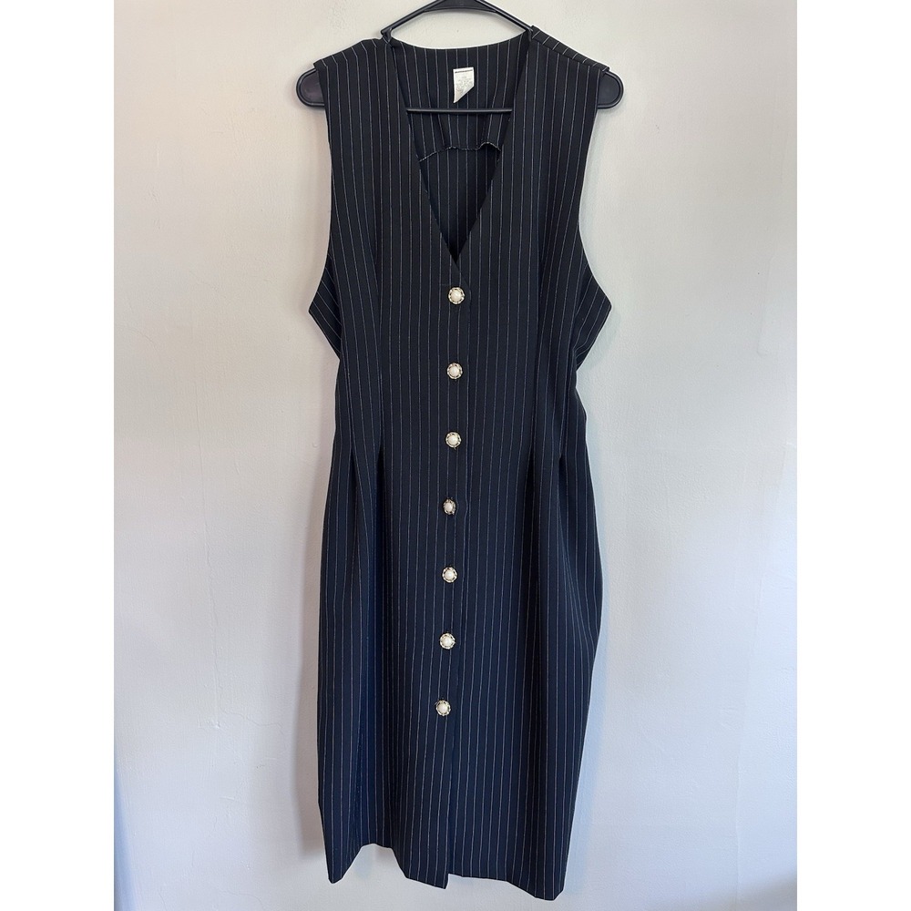 Vintage 80s Pearl Button Collared Sleeveless Pinstripe Midi Dress SIZE 12/14